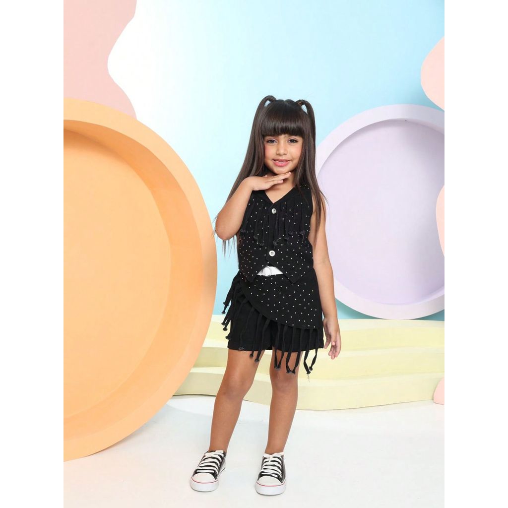 Conjunto Infantil Feminino Colete Franja Strass Short Saia Festa Preto Brilho Menina