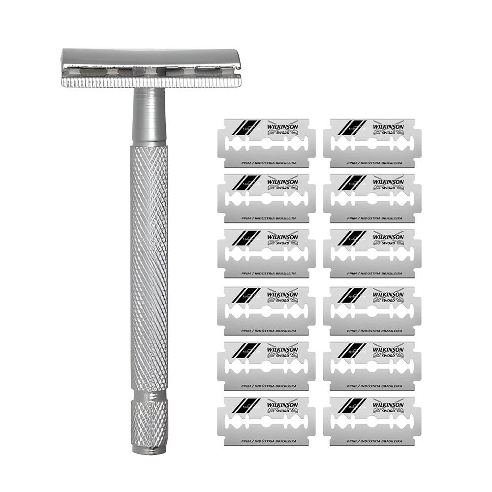 Kit Aparelho de Barbear Clássico Barbeador Vintage Aço Flexível Enox com 12 Recargas Wilkinson Sword