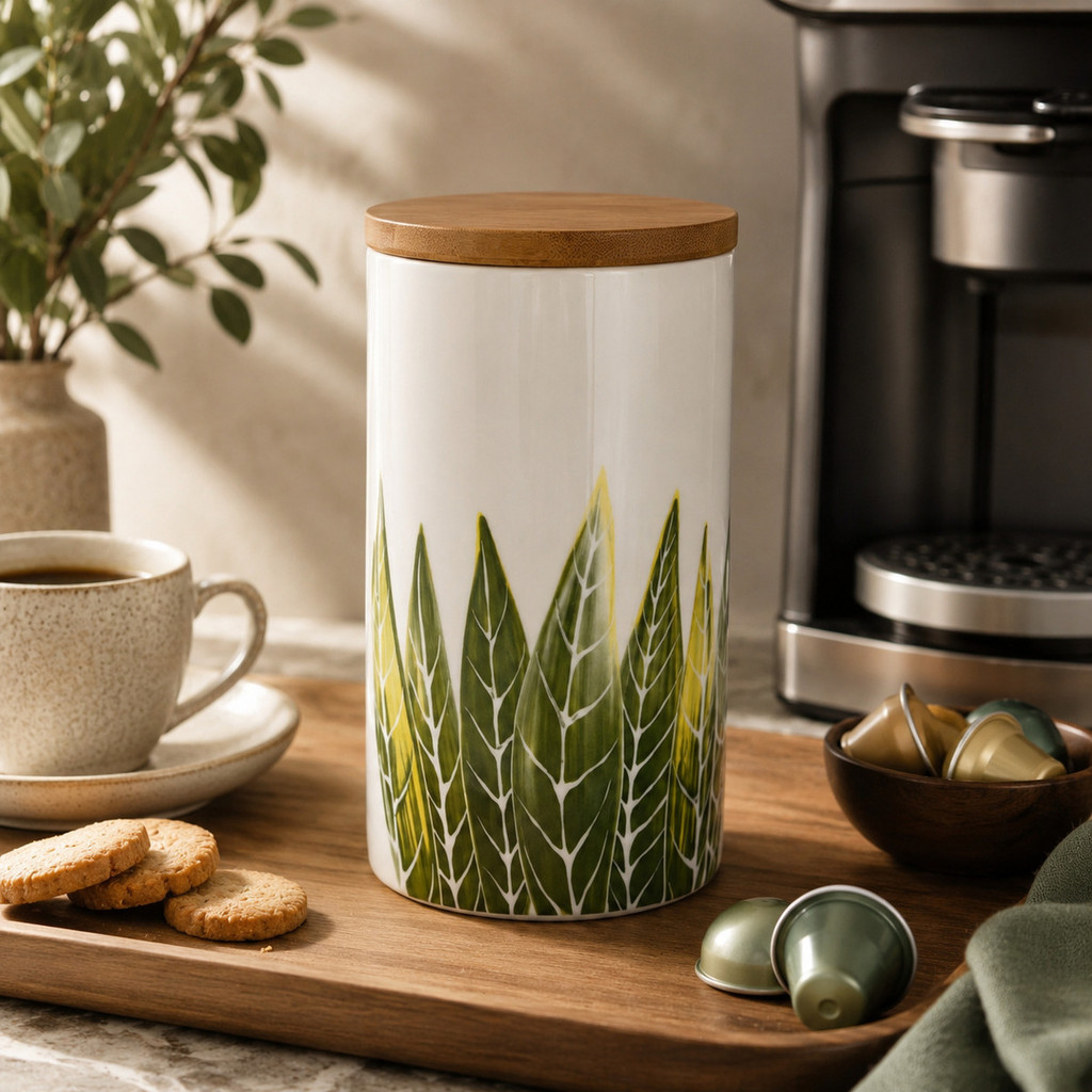 Pote Potiche Grande Folhagem Verde Cerâmica Tampa Bambu 1,5L