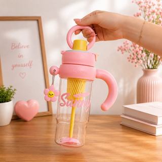 Garrafa de Água com Canudo de Silicone Grande 1200ml Filtro Garrafinha de Plástico com Chaveiro
