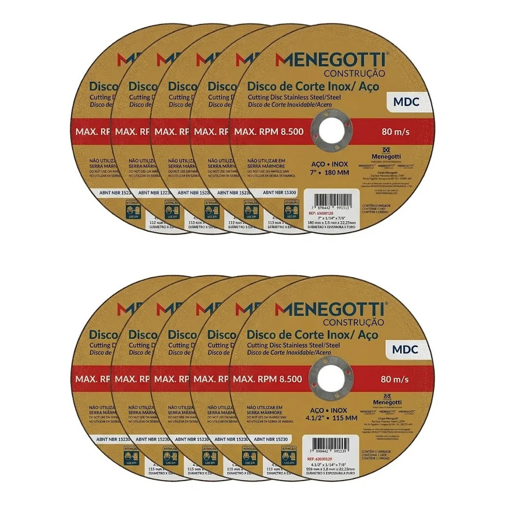 Kit 10 Unidades Disco De Corte Inox Mdc 180mm Menegotti
