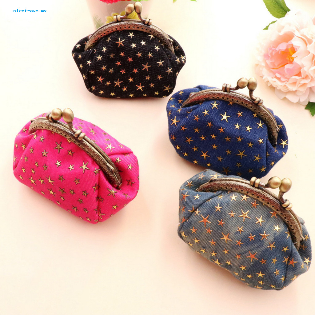 Women Wallet Card Holder Vintage Denim Mini Kiss-lock Coin Purse for Five-pointed Star Design Small Change Cute and Comp