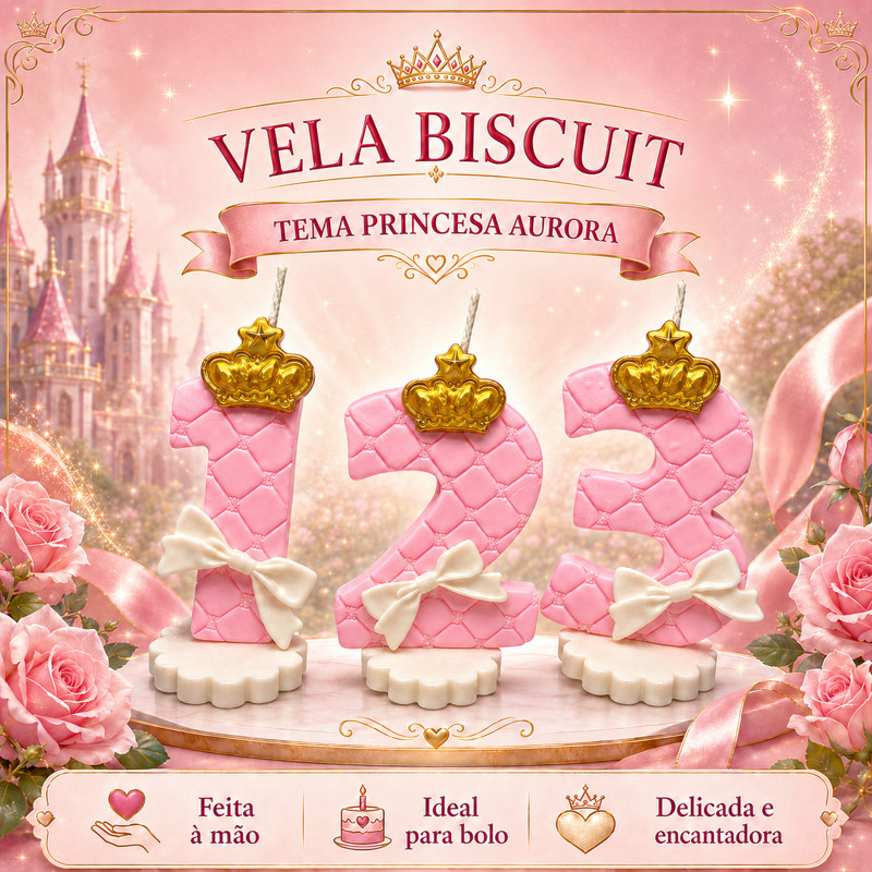 Vela Biscuit Princesa Rosa Aurora Realeza Coroa Aniversário Topo Bolo Porcelana Fria
