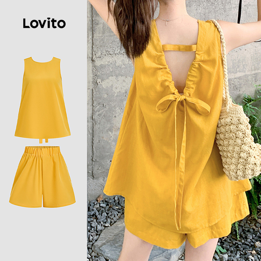 Lovito Casual Conjuntos de Shorts com Cordão para Primavera/verão em Amarelo para Mulheres L164LD128
