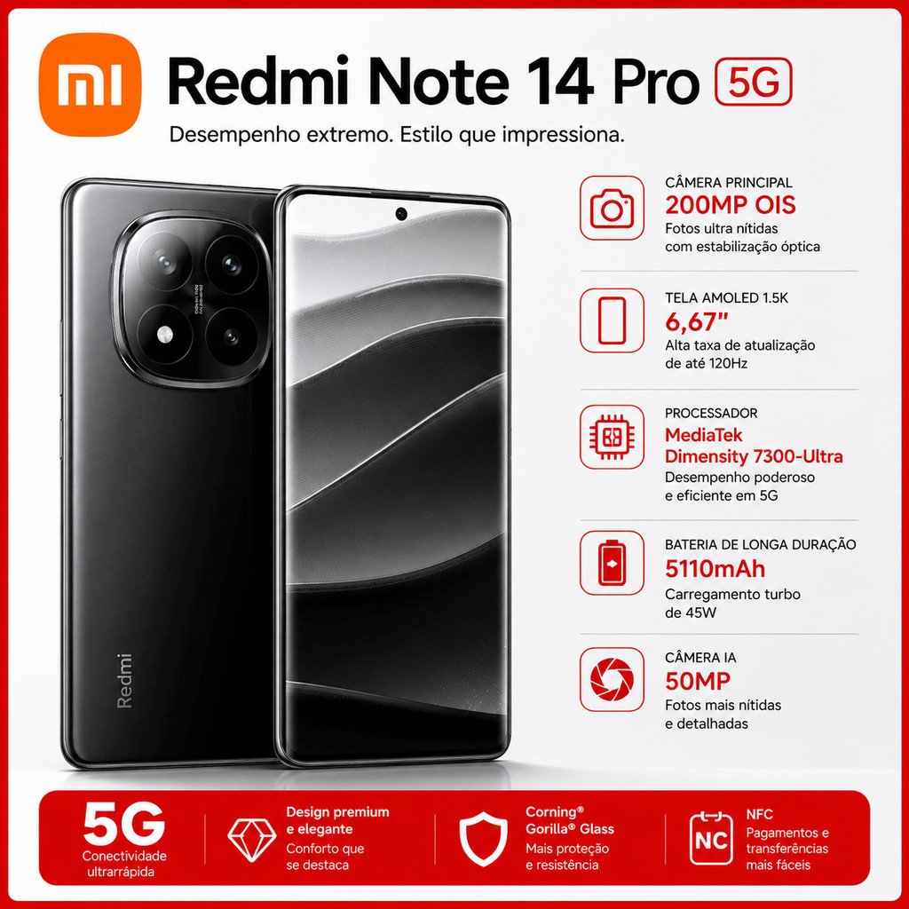 Celular Xiaomi Redmi Note 14 Pro 5G 512gb / 256gb Versão Global Original NFC Preto Envio Imediato