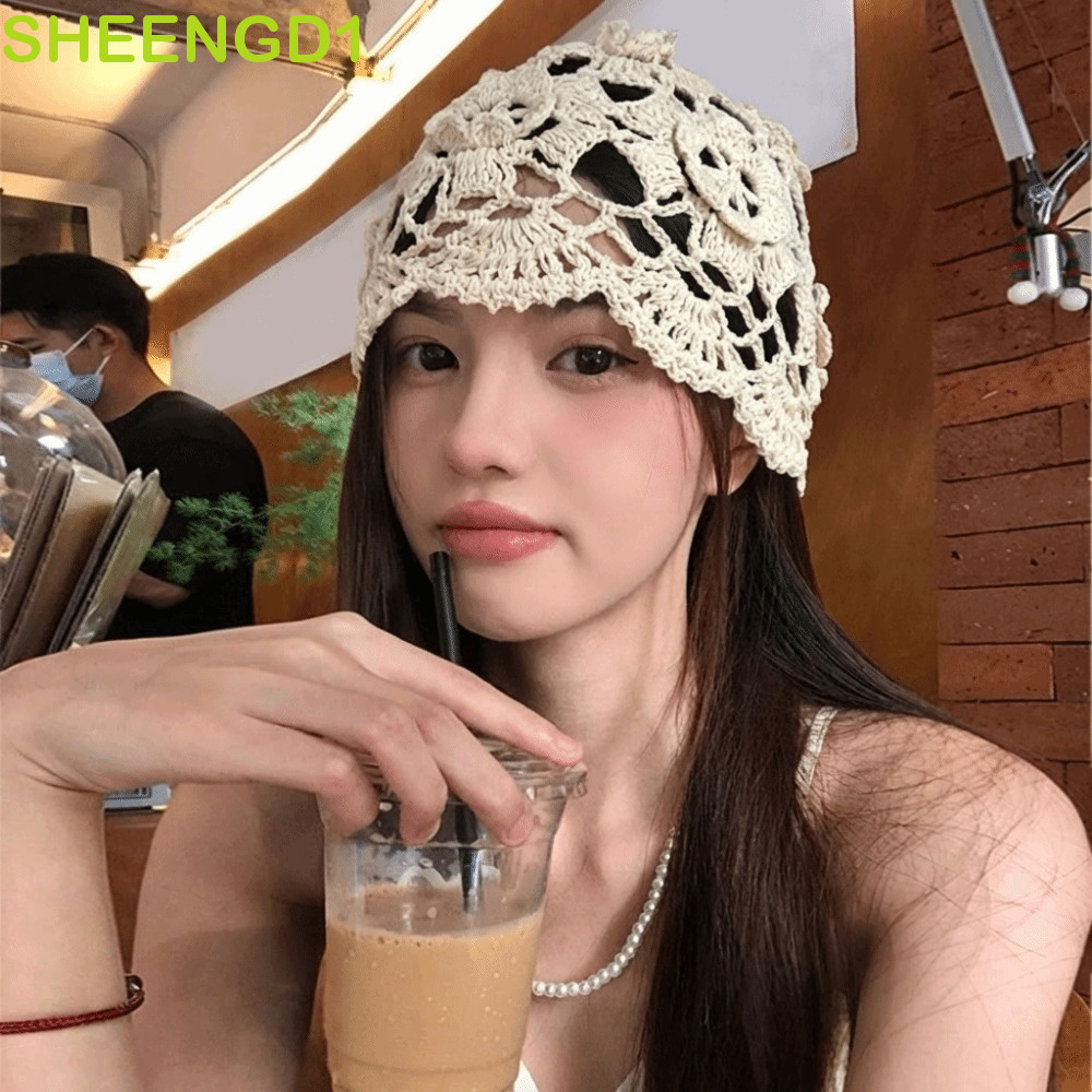 SHEENGD1 Chapéu De Malha De Flor De Crochê , Gorro Fino Feito À Mão , Boné Tecido Estilo Coreano