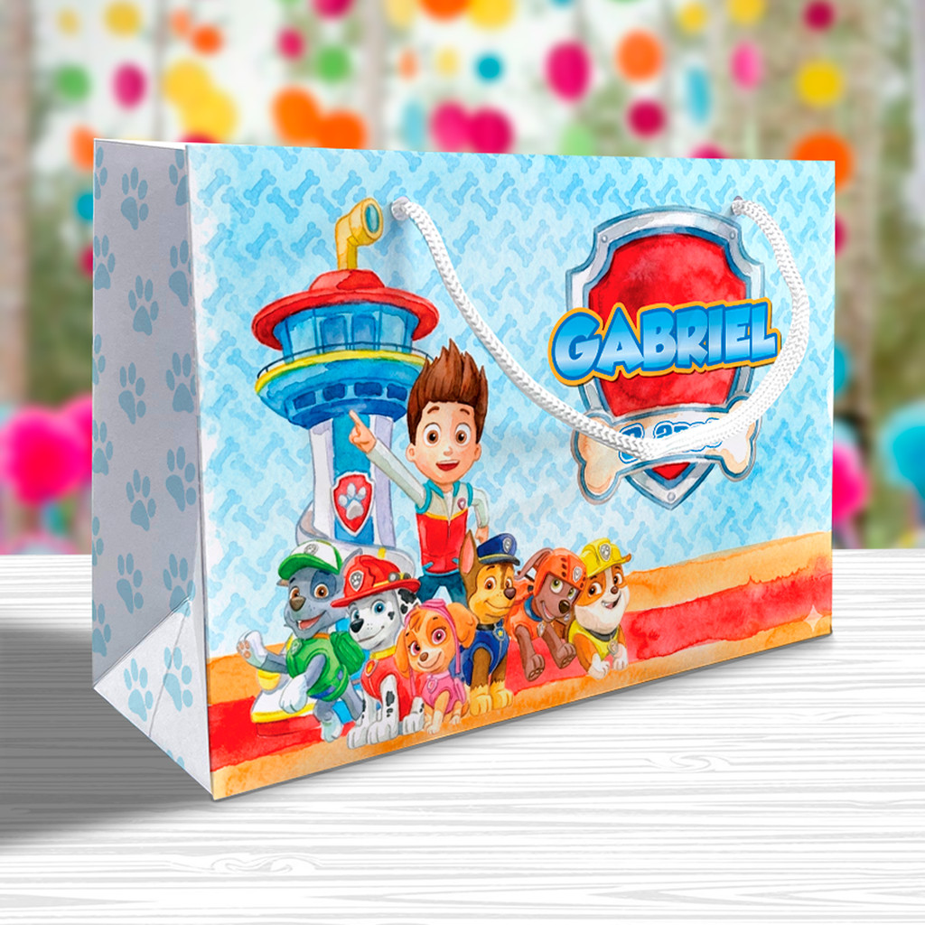 Sacolinha Patrulha Canina Personalizada Festa Aquarela Lembrancinha Kit Festa Sacola Chase Marshall Skye Deitada Reta