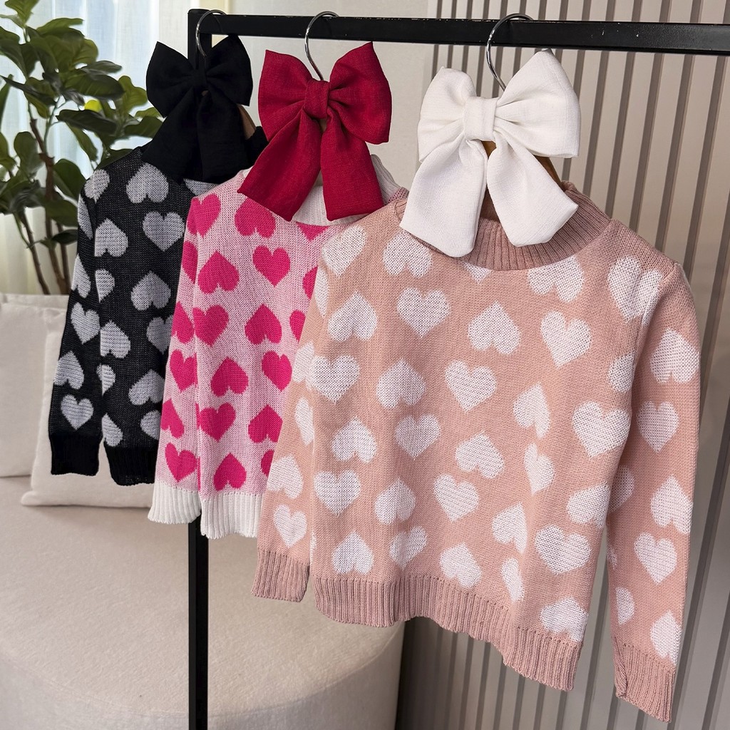 Suéter Infantil Corações Bege, Pink e Preto Menina 02 ao 10