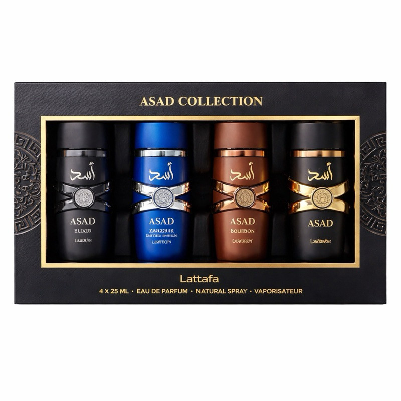 Conjunto Lattafa Asad Collection 4x25ml EDP – Asad, Zanzibar, Bourbon e Elixir Masculino Alta Fixação PERFUMES