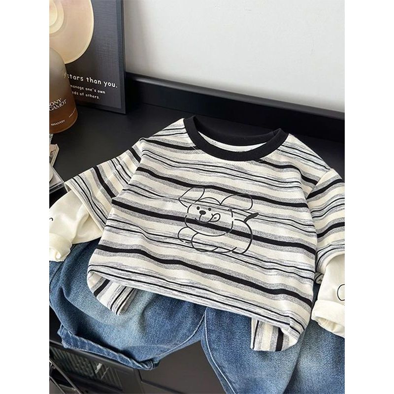 Meninos dos desenhos animados puro algodão camiseta de manga comprida primavera outono roupas 2026 crianças falso de dua