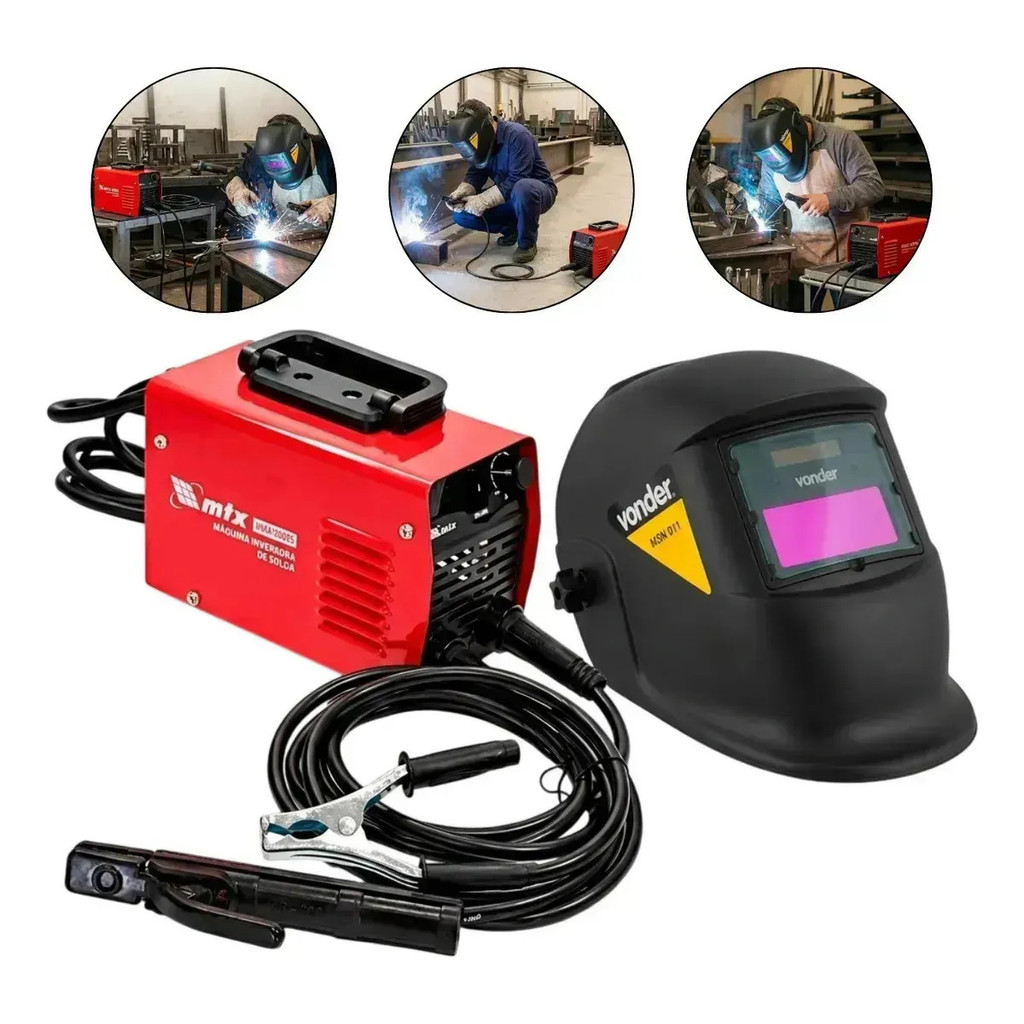 Kit Inversora de Solda MTX 120A MMA-200BS Eletrodo Revestido Máscara Automática Tonalidade 11