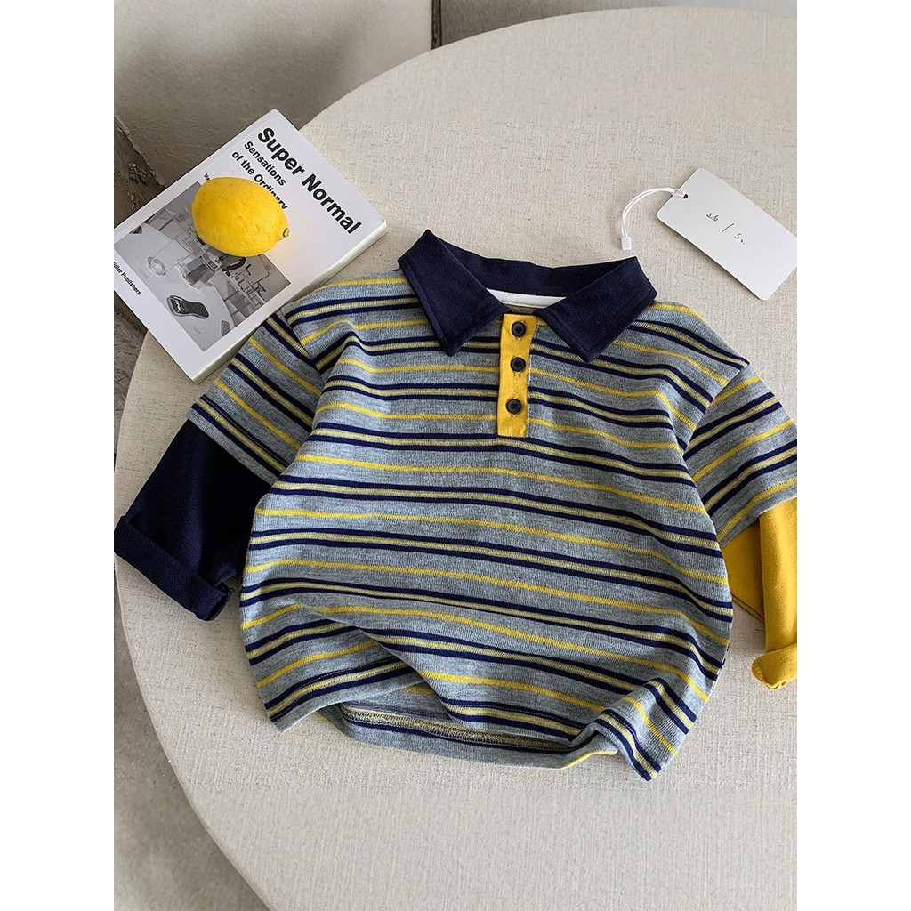 Crianças listrado de manga comprida falso camisa POLO de duas peças primavera versão coreana solto meninos Casual contra
