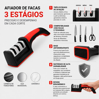 Afiador Amolador De Facas E Tesouras Com 3 Estágios De Afiação