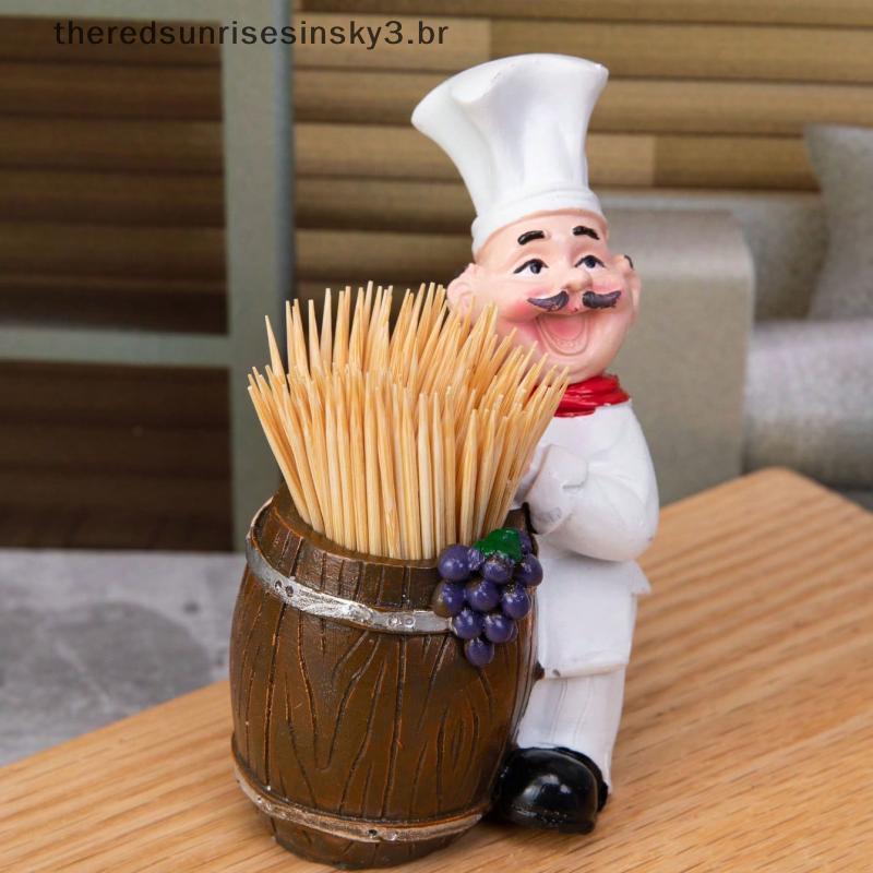 TSBR Charming Chef Theme Toothpi Holder Com Barril De Madeira-Material De Resina Sem Necessidade De Energia Adequado Par