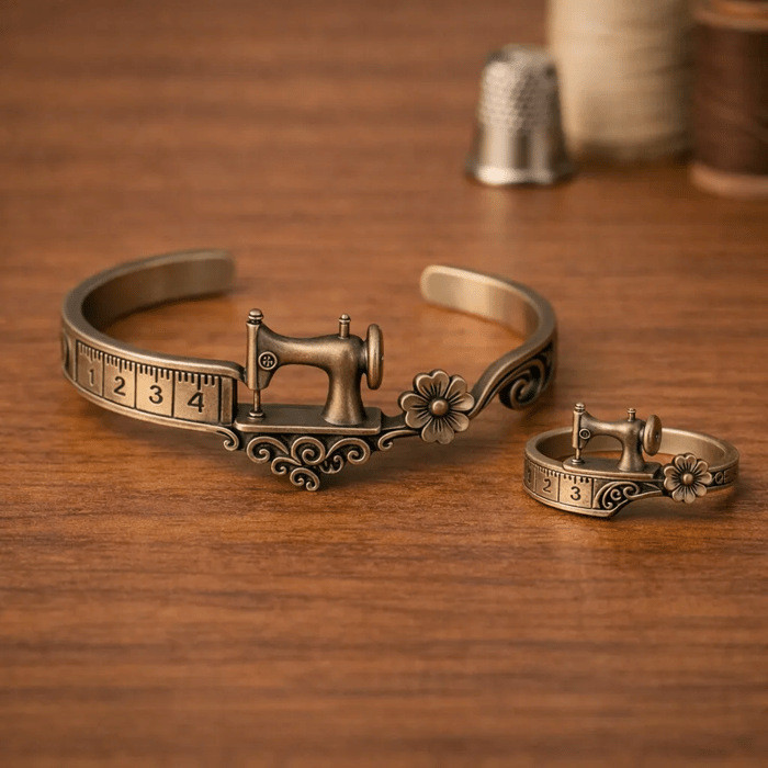 Conjunto de pulseira e anel com tema de máquina de costura mais vendido
