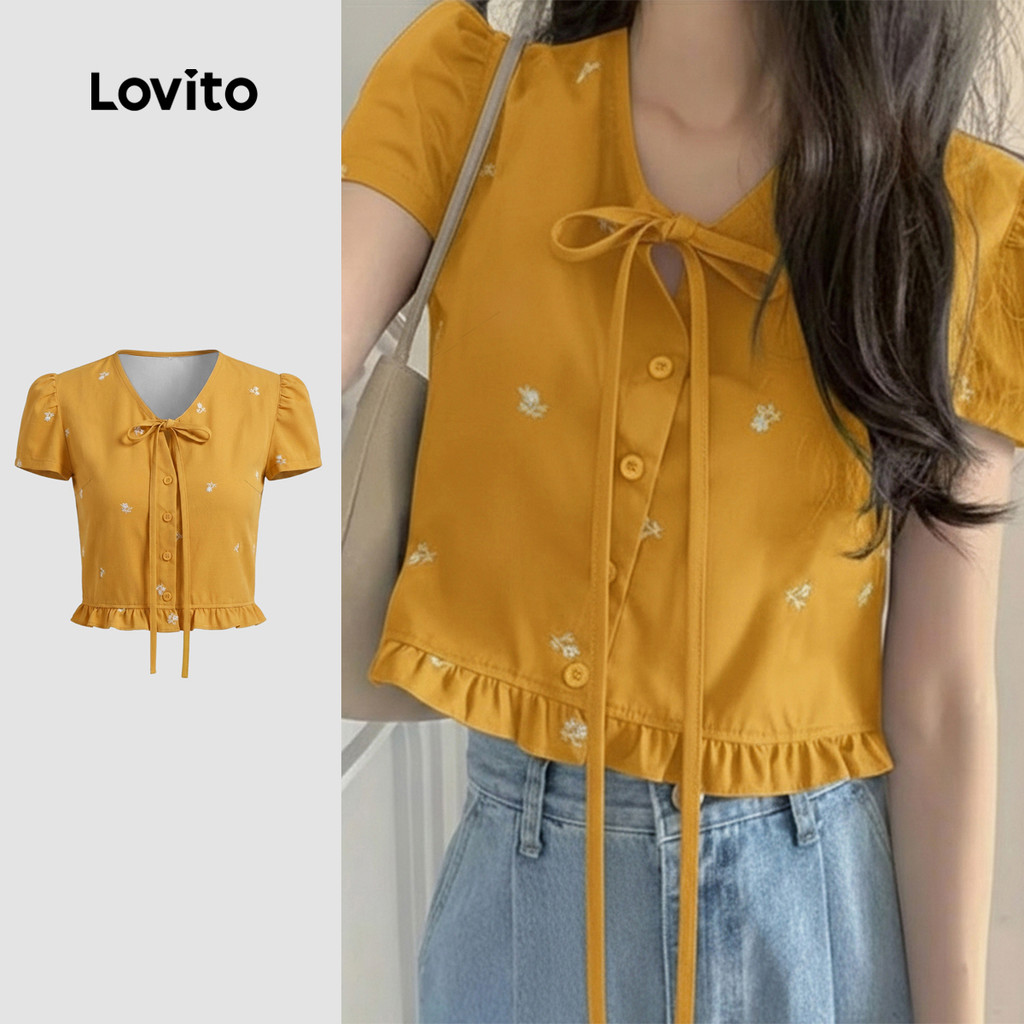 Lovito Casual Blusa Amarela de Primavera/verão com Renda e Botões Na Frente Bord