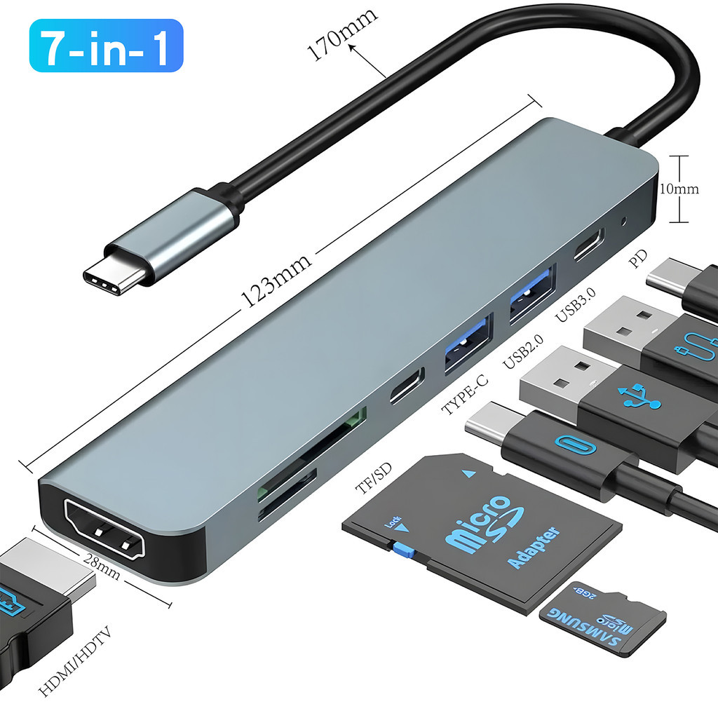 Hub USB C 7 em 1 HDMI Adaptador Dock USB 3.0 Leitor SD TF PD para Notebook MacBook PC XIMING