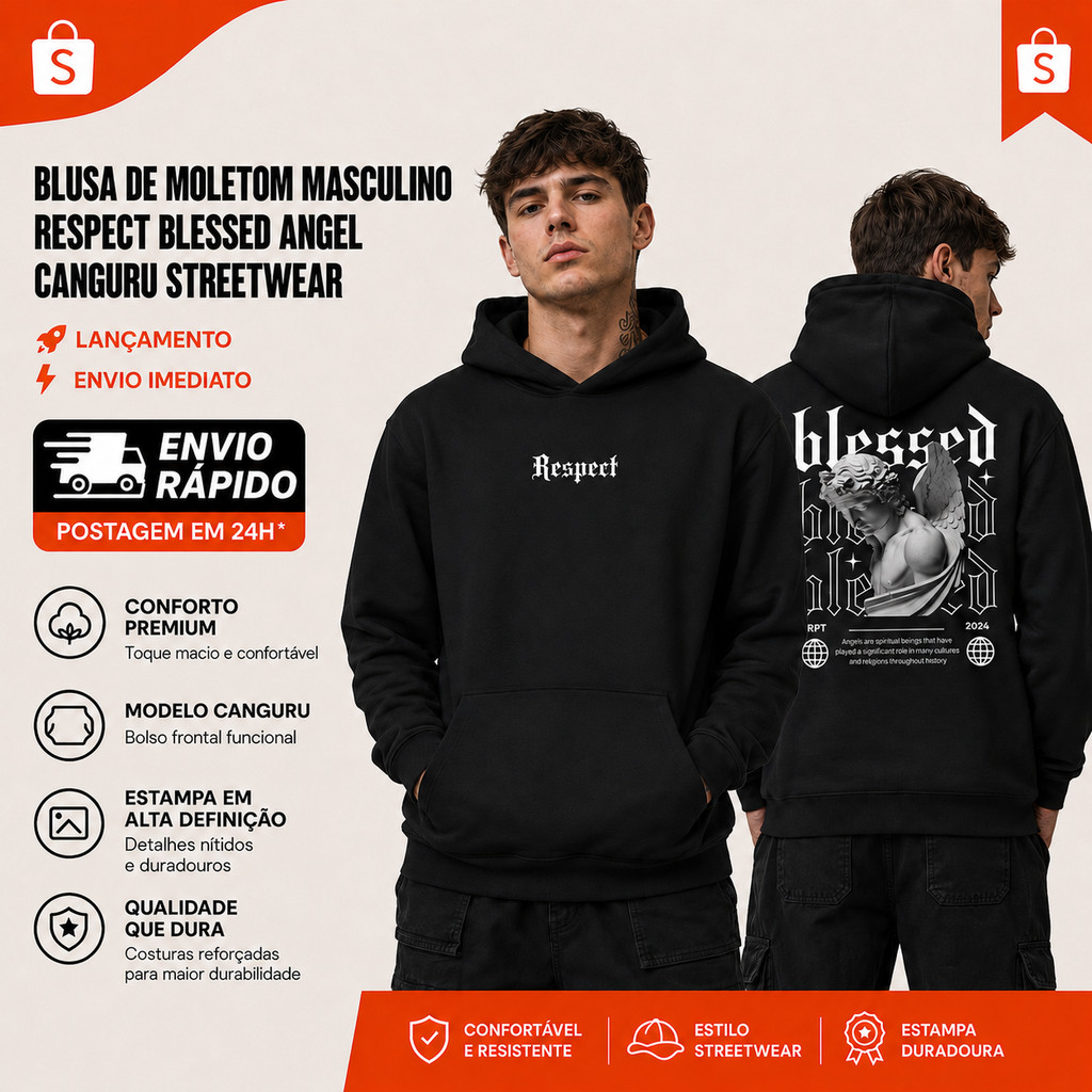 Blusa de Moletom Masculino Respect Blessed Angel Canguru Streetwear Lançamento Envio Imediato