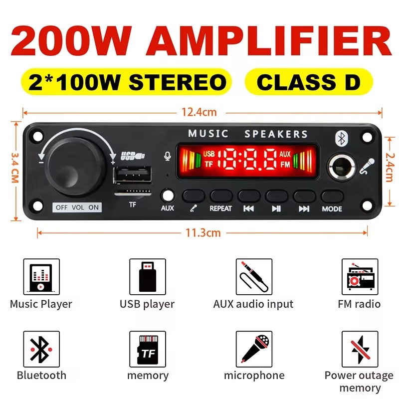 Reprodutor USB MP3 Amplificador 200W Conselho sem fio cartão Carro DC FM Decoder NOVO Slot 12V Bluetooth USB MP3  100W 