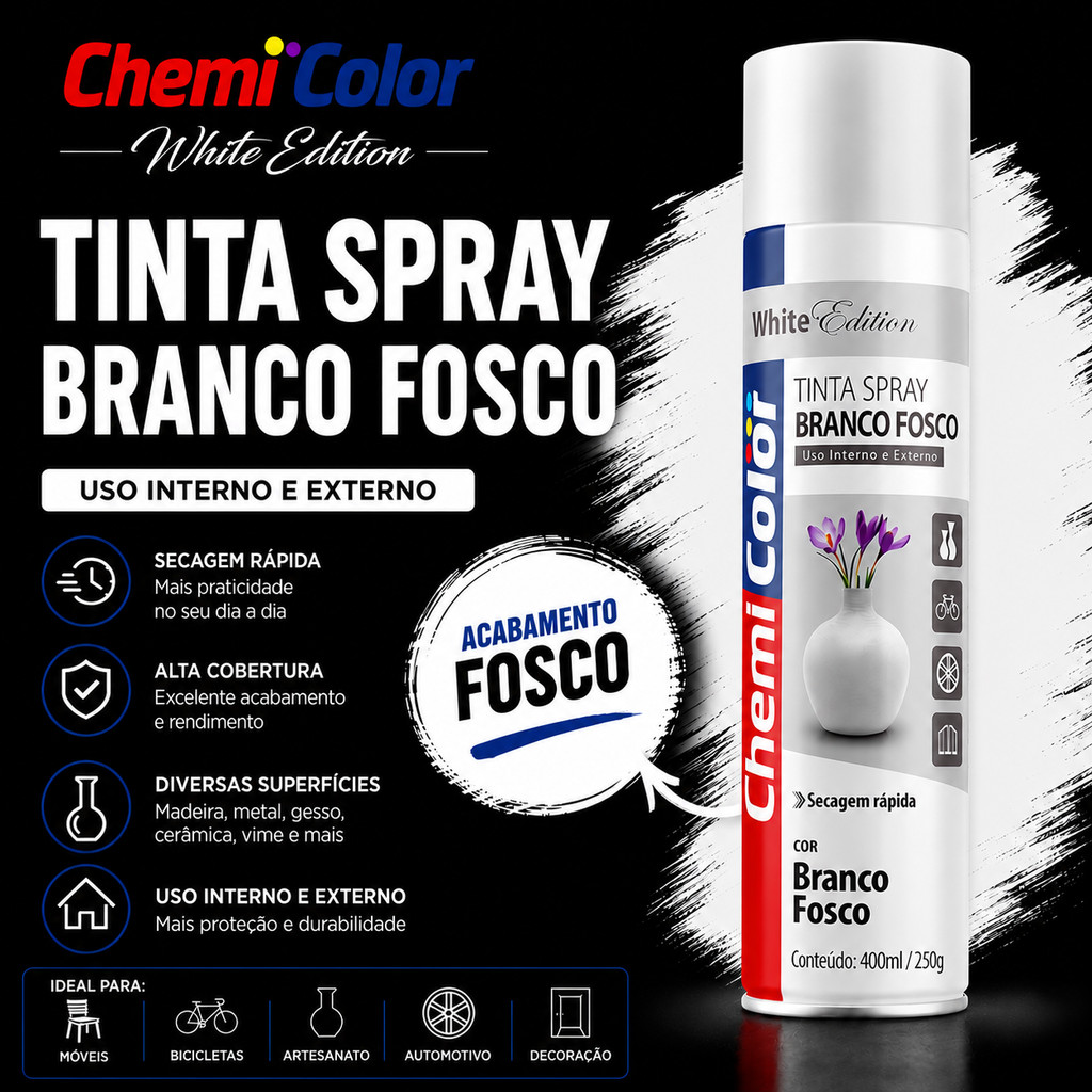 Tinta Spray Alta Temperatura Branco Fosco 600°C Chemicolor Uso Externo para Escapamento Motor Churrasqueira