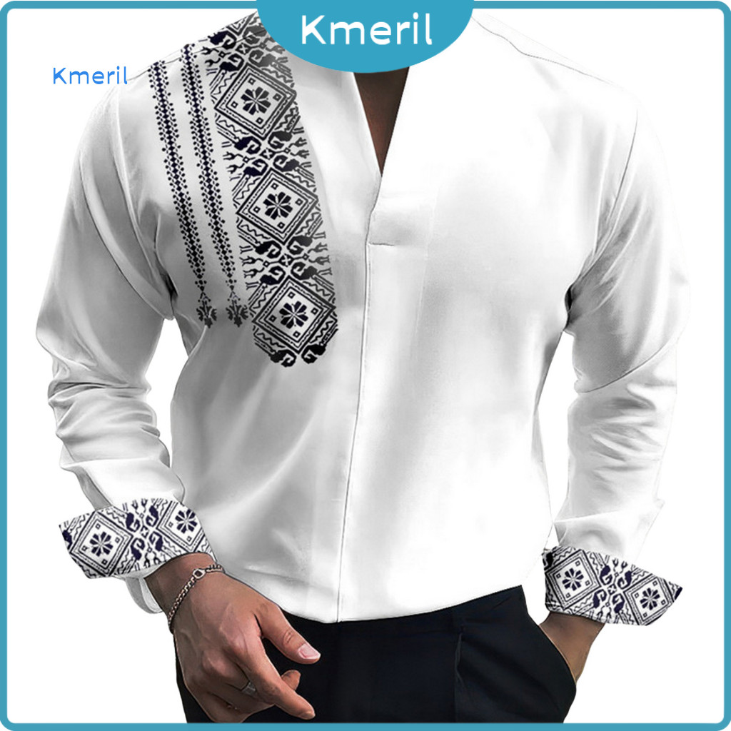 Men V-neck Shirt Long-sleeve Men's Autumn Spring Slim Fit Printed Long Sleeve Retro Color Block Pullover Formal Business