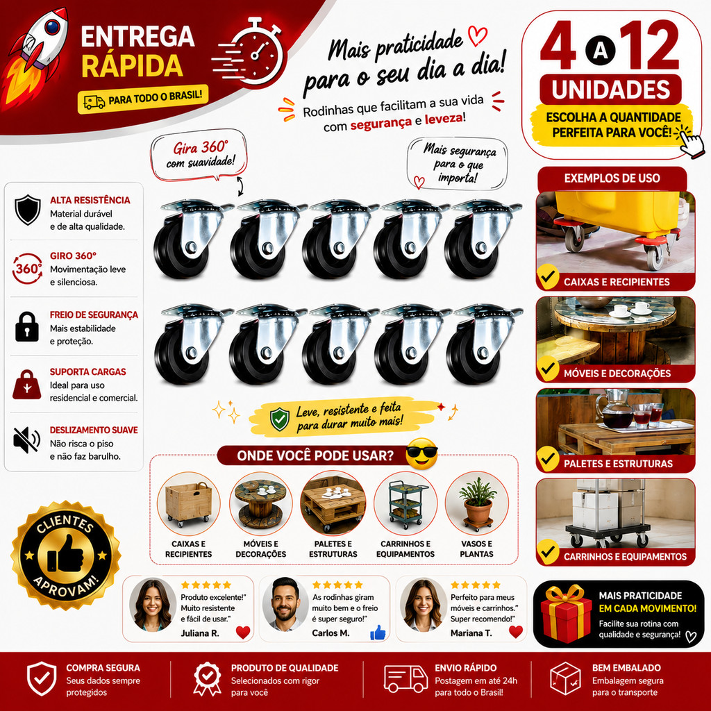Kit 12 Rodinhas Rodizios Giratórios 32mm Base de Metal para Móveis Plantas Suportes e Plataformas