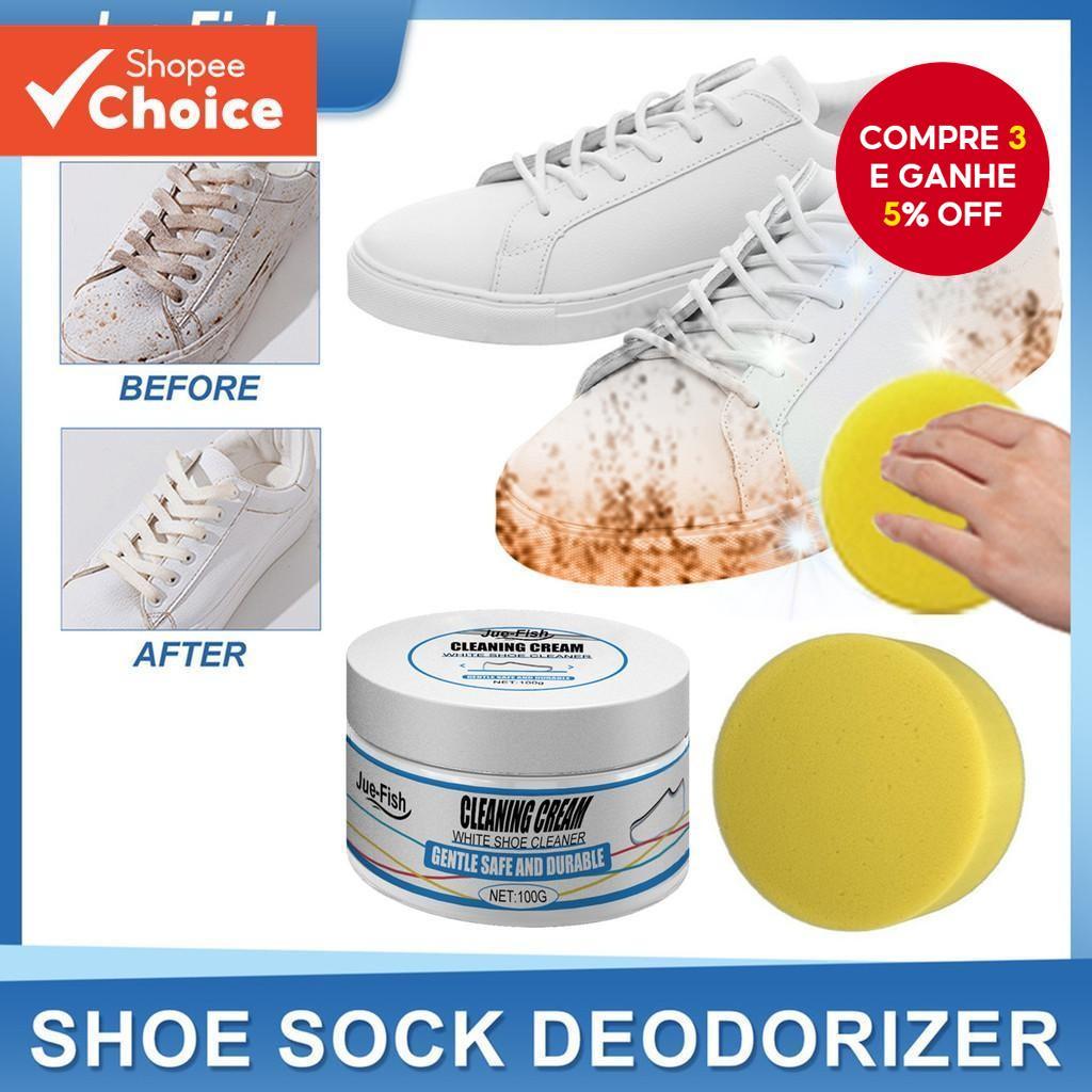 Jue Fish White Shoe Cleaning Cream 100g Removedor De Manchas Para Tênis De Lona Com Esponja Amarela