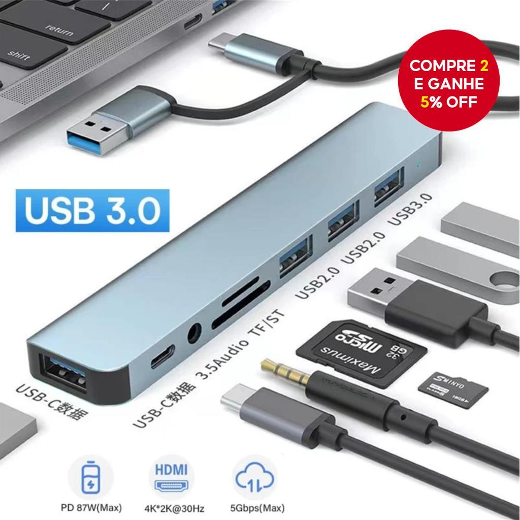 Estação De Acoplamento HUB 8 Em 2 USB Type C Com Adaptador De Entrada De Áudio De 3.5 Mm Leitor De Cartão Micro SD Lapto