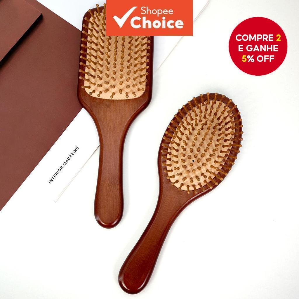 Escova de Cabelo de Bambu com Almofada de Ar e Pente Anti-Frizz