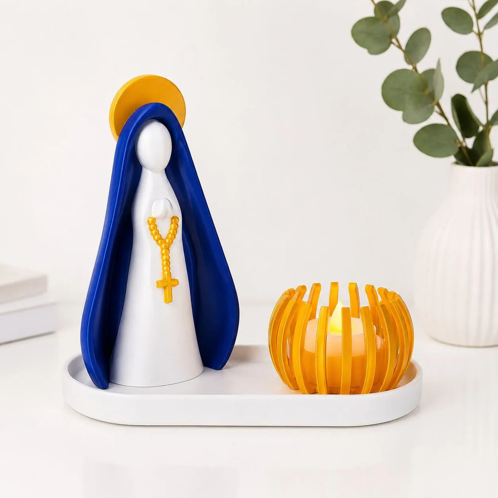 Nossa Senhora Aparecida Kit Decorativo Com Vela e Bandeja Altar e Cantinho da Oração Religioso