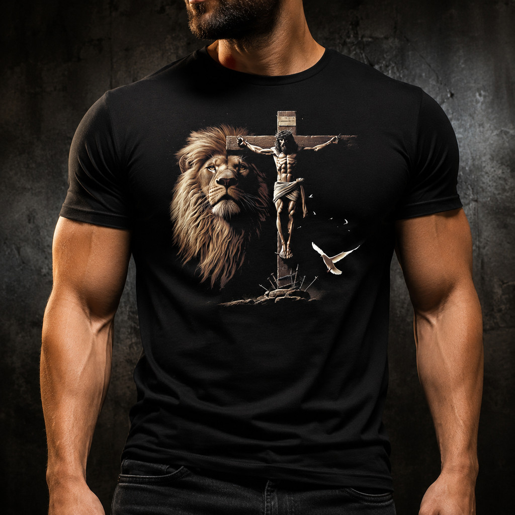 Camisa camiseta algodão preta jesus na cruz com leão jesus cristo evangelica crente