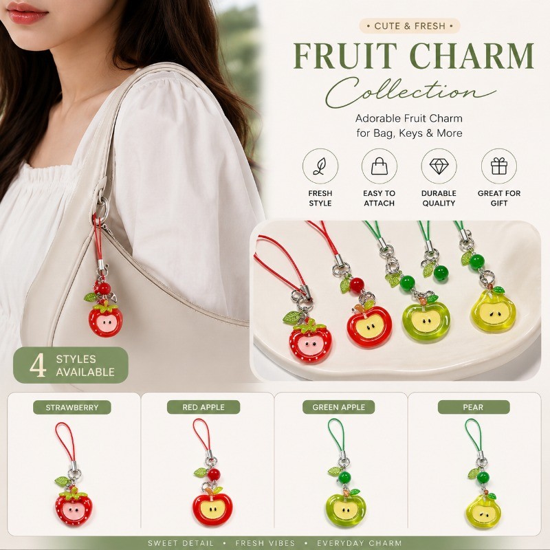 4 Estilos Fresco Vermelho Verde Maçã Fruta Telefone Charme Bonito Morango Pêra Saco Diário Chaveiro Acessório