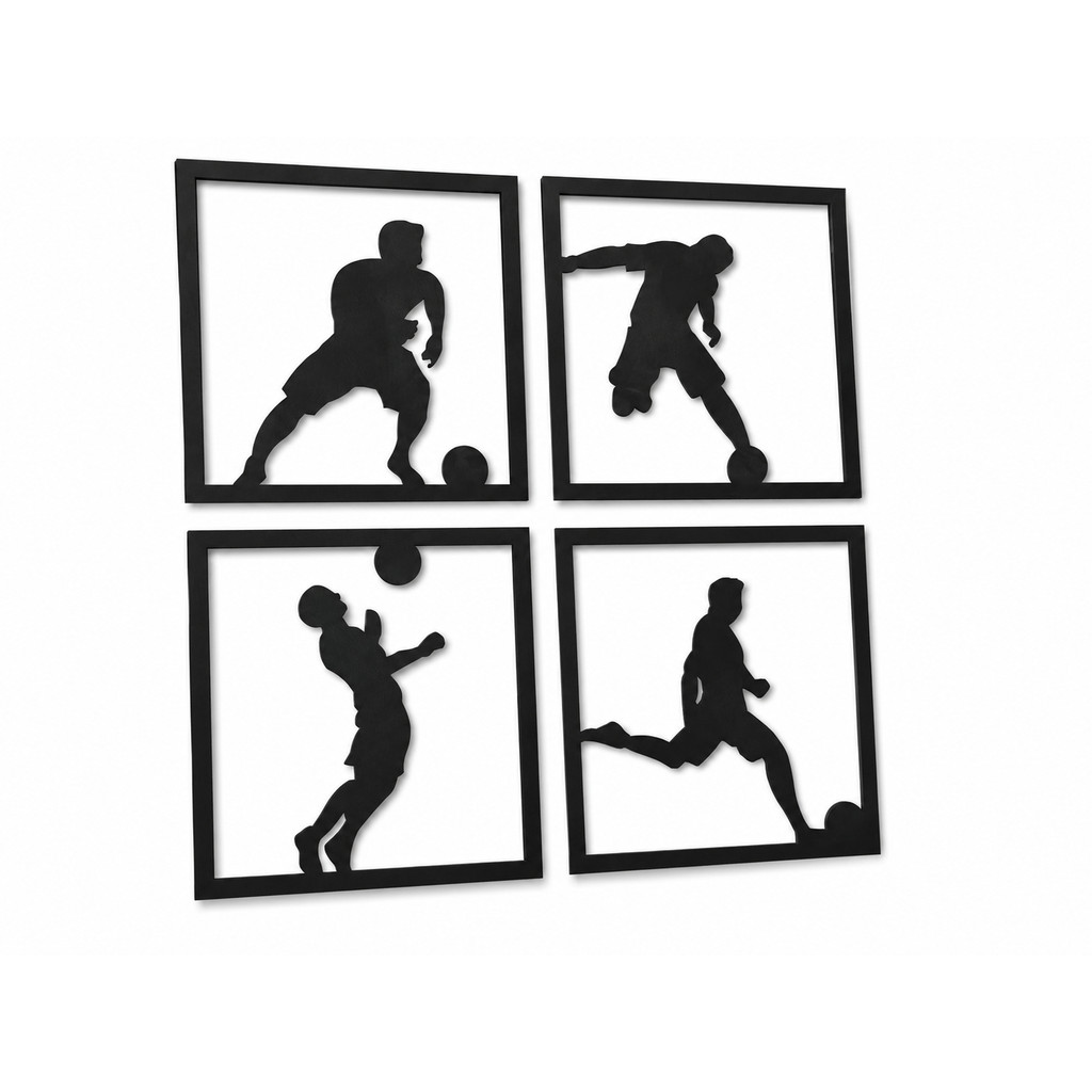 Quadros Decorativos Futebol Kit 4 Peças MDF Preto 3mm Para Quarto Gamer Sala Parede Esportiva
