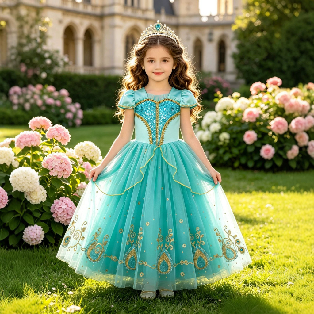 Crianças Menina Jasmim Vestido De Princesa Azul Lantejoulas Traje Festa De Aniversário