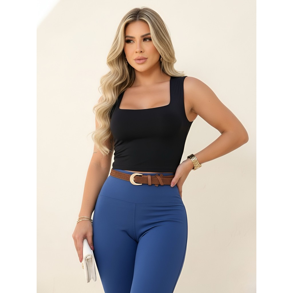 Blusa Regata Feminina Decote Quadrado Sem Transparência Cropped Forrado Elegante