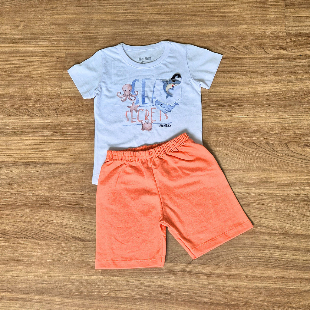 Conjunto Infantil ReiRex – Camiseta Branca Estampada Interativa e Bermuda Coral - Tam 1.