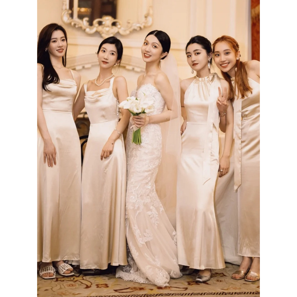Vestido de dama de honra novo estilo champanhe irmãs grupo vestido de noite de cetim geralmente pode usar traje de desem