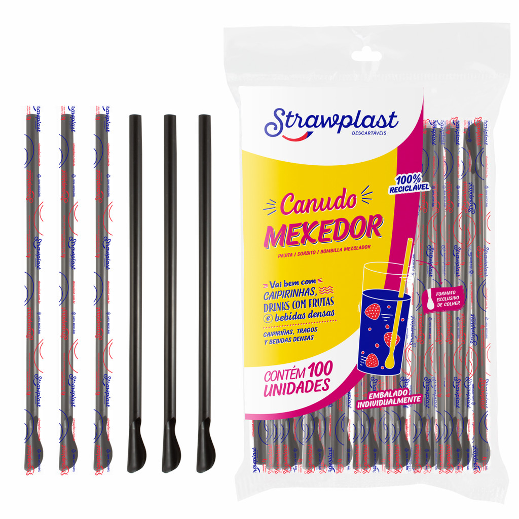 Canudo Mexedor Colher Preto e Branco Sache Para Drink Suco Coquetel Caipirinha Festa - Strawplast