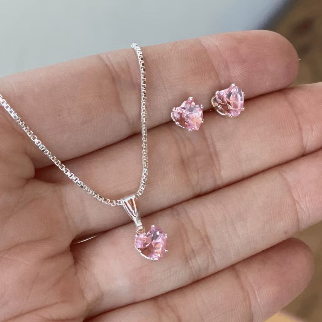 Conjunto Coração folheado a prata 925 - Brinco e colar