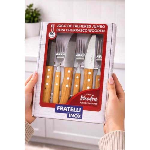 Kit Talheres Churrasco Inox Cabo Madeira Conjunto Grelha Grill 6 Pecas