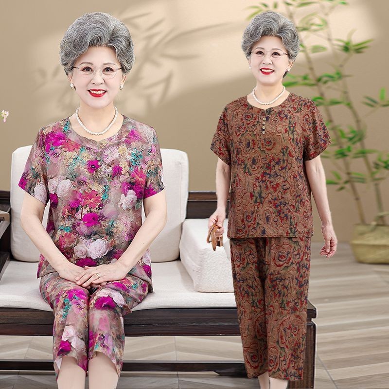 cas Elegante De Meia-Idade E Idosos De Tamanho Grande Terno De Seda De Algodão Casual Mãe Manga Curta Novo Conjunto De D