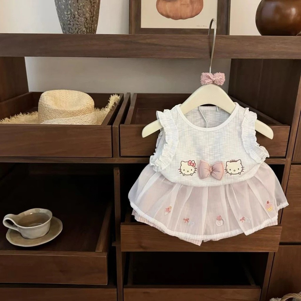Katie Rosa!2025 verão meninas dos desenhos animados colete bebê rosa xadrez rendas Shorts moda bonito terno na moda