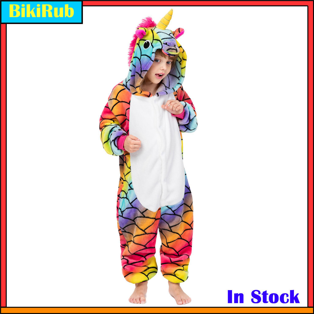 Macacão De Desenho Animado De Unicórnio Arco-Íris Kigurumi De Natal Para Crianças – Pijama De Pelúcia Macio Com Capuz E