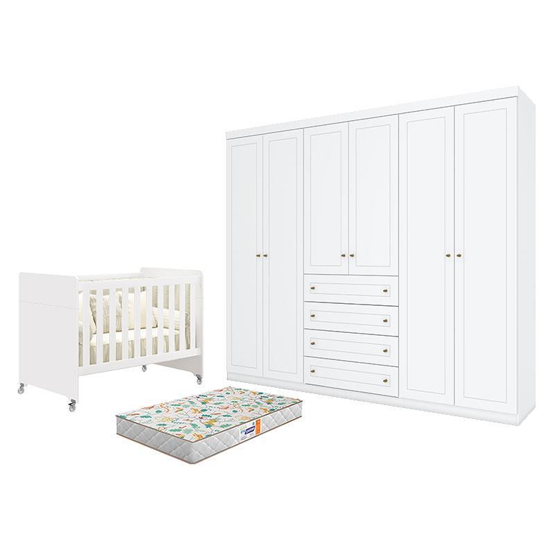Berço Evolution 4 em 1 Branco Acetinado e Guarda Roupa Casal Americano 6 Portas Branco HP e Colchão Gazin - Henn
