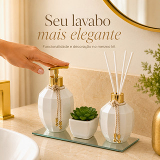 Kit Lavabo 4 PC Turmalina Branco Dourado Vidro Bandeja Espelhada Luxo Premium Banheiro Casa Primo