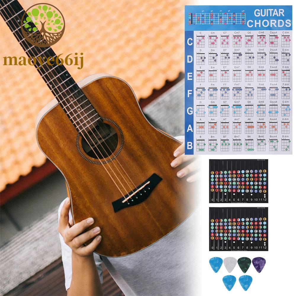 MAOYE66 Gráfico De Acordes Para Prática De Guitarra , Pôster Em Papel De Vinil Impresso Codificado Por Cores , 6 Palheta