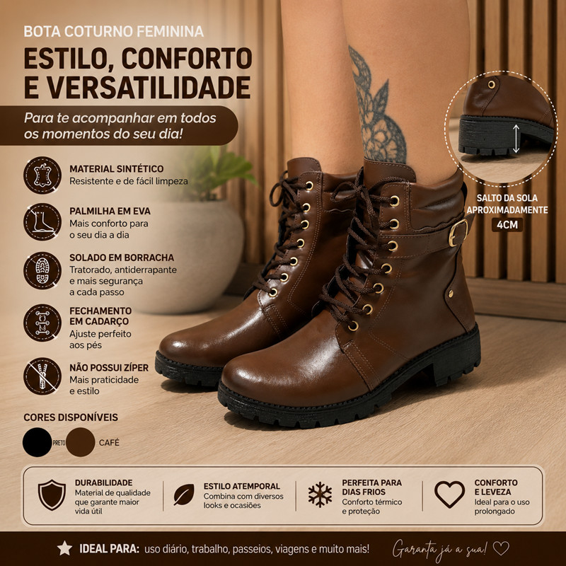 Bota Coturno Feminina Tratorada Cano Curto Casual Confortável Solado Alto Moda Estilo Militar Cadarço Feminina Dia a Dia