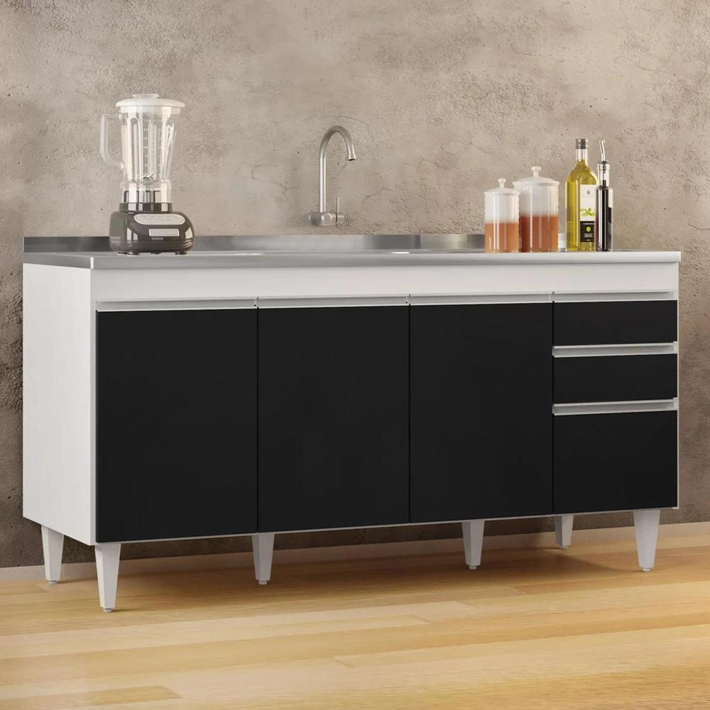 Balcão Gabinete com Pia Inox 160cm Arkansas Branco/Preto - Lumil