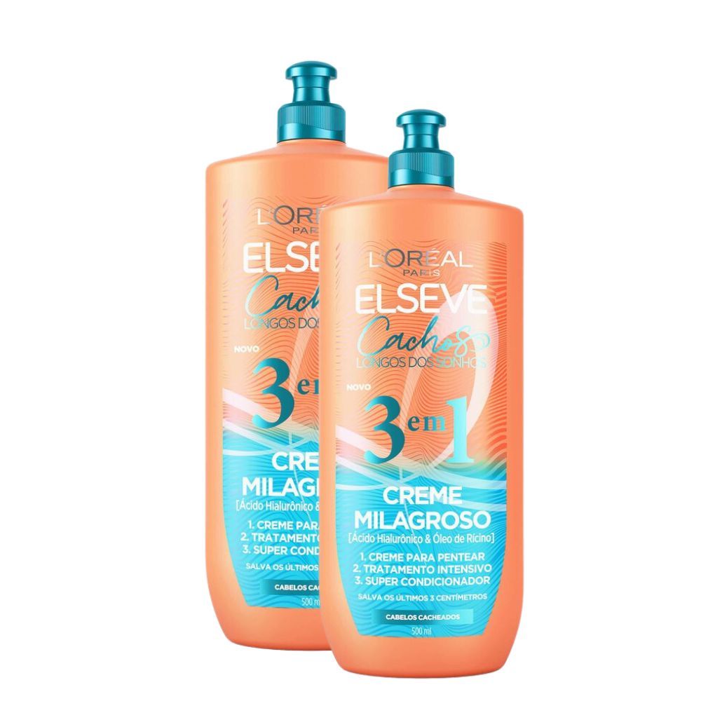 Kit 2 Creme Milagroso 3 em 1 L'Oréal Paris Elseve Cachos Longos dos Sonhos 500ml