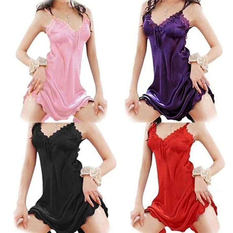 1 Pçs Feminino Sexy Pijamas Camisola De Cetim Seda Babydoll Rendas Roupões Vestido De Dormir Saia Senhora Fora Do Ombro